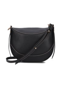 Zwarte leren crossbody tas met een afgeronde vorm, contrasterende stiksels en een lange verstelbare riem. Heeft een eenvoudig, strak ontwerp.