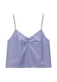 Camisole rayé violet et blanc avec des bretelles fines, dotée d'un design à l'avant froncé et de boutons décoratifs au centre. Texture de tissu lisse.