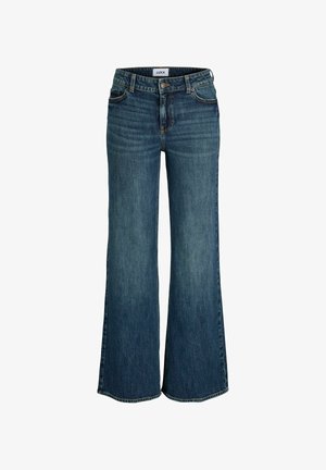 Laia teksased keskmise sinise denimi ning sileda tekstuuriga, viie poti disainiga ja klassikalise nööpidega sulgemisega vöökohal.