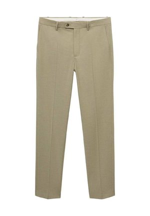 Light beige trousers made from textured fabric, featuring a straight-leg design, a front closure with a button, and side pockets.