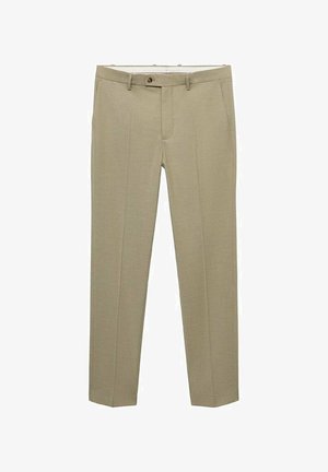 Helle beige Hose aus strukturiertem Stoff mit geradem Schnitt, vorderem Verschluss mit Knopf und Seitentaschen.