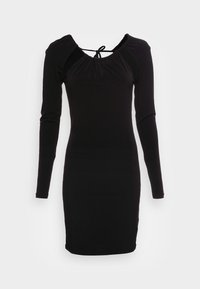 Veste preta de manga longa com um design ajustado, decote arredondado e detalhes franzidos nos ombros. Possui um fecho com laço nas costas.