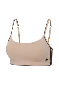 Beiger Sport-BH mit dünnen, verstellbaren Trägern, dunkelbraunem Randbesatz, drei dunkelbraunen Seitenstreifen und einem kleinen Adidas-Logo unten links.