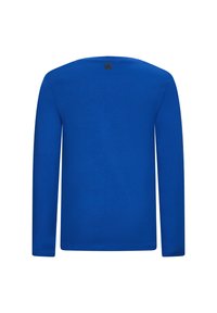 T-shirt a maniche lunghe di un blu uniforme, con colletto rotondo e un'etichetta sul retro. Realizzato in tessuto morbido con un design semplice.
