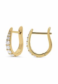 Orecchini a cerchio in oro con una finitura lucida, caratterizzati da una fila di gemme rotonde e trasparenti lungo un bordo. Design leggero e curvato.