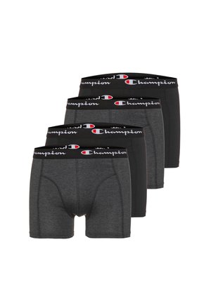Vier schwarze und dunkelgraue Herren-Boxershorts mit schwarzen elastischen Bundbändern, die weiße und rote Champion-Logos zeigen.