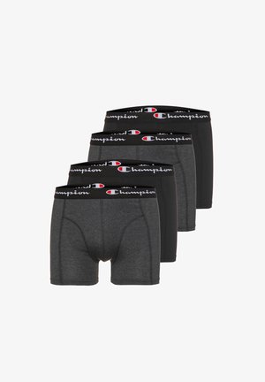 Vier schwarze und dunkelgraue Herren-Boxershorts mit schwarzen elastischen Bundbändern, die weiße und rote Champion-Logos zeigen.