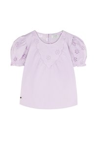Lila Baumwollbluse mit kurzen Puffärmeln, verziert mit gestickten Blumenmustern und einem gewellten Ausschnitt. Mit Knopfleiste am Rücken.