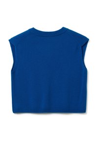Blauwe mouwloze gebreide trui met een geribde ronde halslijn en een gestructureerde vorm. Gladde textuur en nette randen, minimale details.