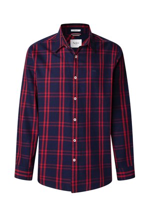 Camisa de cuadros azul marino y roja con botones, de mangas largas, que presenta un cuello estándar y botones blancos, elaborada con una tela suave.