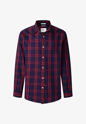 Tengeri kék és piros kockás, hosszú ujjú ing, amely szabványos gallérral és fehér gombokkal készült, sima anyagból.