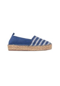Espadrilla blu con motivo a righe, realizzata in tela e juta. Presenta una punta rotonda, suola piatta e una suola intermedia incordata.