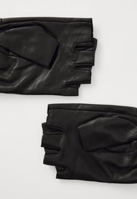 Black leather fingerless gloves with stitched edges and a textured finish. Features include open fingertips and a snug fit around the wrist.