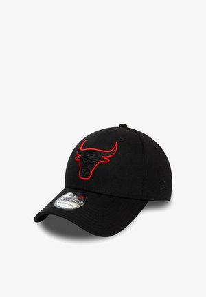 Black cap with a structured design, featuring a red embroidered bull logo on the front. Includes a curved brim and an adjustable strap.