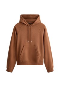 Sweat à capuche marron avec poche kangourou sur le devant, capuche avec cordon de serrage, et poignets et ourlet côtelés.