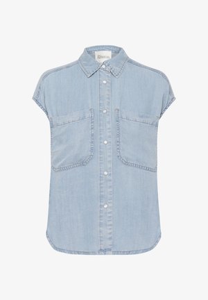 Heledad sinise denimi lühikese varrukaga särk, millel on nööpidega esiosa, kaks rinna taskut ja avar krae. Sile tekstuur ja mugav lõige.