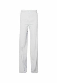 Pantaloni azzurri chiari realizzati in un tessuto morbido, con un design a gamba dritta, leggere pince frontali e un accento decorativo in metallo laterale.