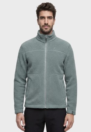 Mann trägt eine hellgraue Fleecejacke mit durchgehendem Reißverschluss, hohem Kragen und Seitentaschen und steht vor einem einfarbigen Hintergrund.