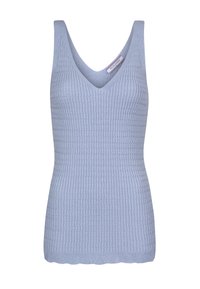 Heledad helesinine kudumisega tank top, millel on V-kaelus, soonikuline tekstuur ja laineline põhjajoon. Õlavarre tohib rõhutada liibuvat siluetti.