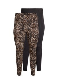 To sæt leggings: ét sort og ét med et brunt leopardprint. Stoffet ser strækbart ud med en glat overflade og elastiske taljebånd.