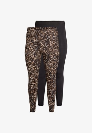 Dva páry legín: jedny čierne a jedny s hnedým leopardím vzorom. Tkanina vyzerá pružne, má hladký povrch a elastický pás.