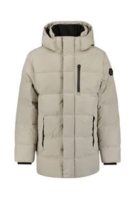 Beige gewatteerde jas met een ritszak op de borst, grote capuchon, zwarte voering en elastische manchetten. Beschikt over een hexagonaal logo op de mouw.