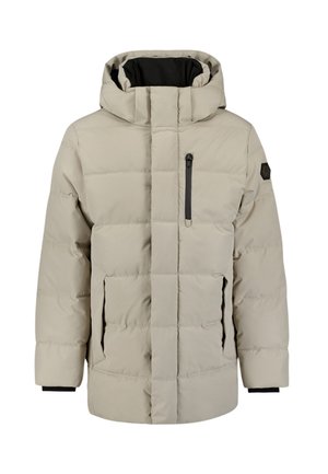 Beige padded jacket with a zippered chest pocket, large hood, black inner lining, and elastic cuffs. Features a hexagonal logo on sleeve.