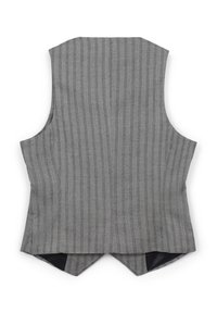 Gilet grigio a righe con uno spacco sul retro, caratterizzato da un tessuto testurizzato e una fodera interna in contrasto. Design senza maniche con una forma sartoriale.