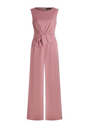 Rosa Jumpsuit mit ärmellosem Design, das ein verdrehtes Frontdetail und weite Hosenbeine aufweist. Aus glattem Stoff gefertigt, mit Reißverschluss hinten.
