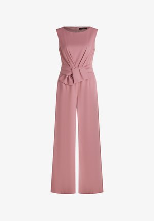 Rosa Jumpsuit mit ärmellosem Design, das ein verdrehtes Frontdetail und weite Hosenbeine aufweist. Aus glattem Stoff gefertigt, mit Reißverschluss hinten.