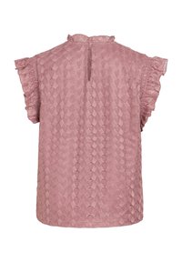 Blouse en dentelle rose avec manches courtes à volants et petite ouverture en goutte d'eau au dos du col, avec un motif coquille texturé.