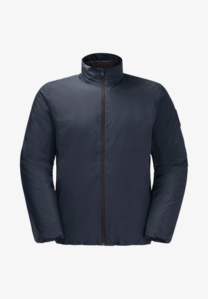 Marineblauwe lichtgewicht jas met een hoge kraag, voorrits en elastische manchetten, ontworpen voor isolatie met een soepele textuur.