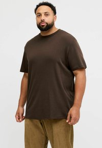 Brown cotton t-shirt with short sleeves and a crew neck, relaxed fit, smooth texture, paired with light brown corduroy pants.