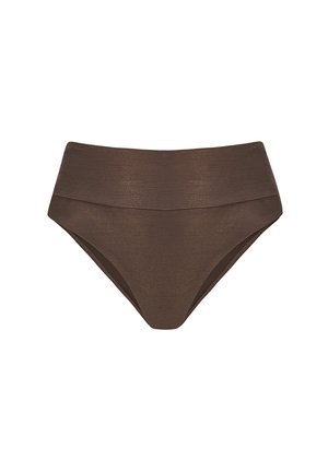 Brązowe majtki od bikini z wysokim stanem o prążkowanej fakturze i szerokim pasku, zaprojektowane dla dopasowanego i wygodnego noszenia.