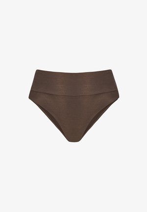 Brązowe majtki od bikini z wysokim stanem o prążkowanej fakturze i szerokim pasku, zaprojektowane dla dopasowanego i wygodnego noszenia.