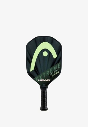 Black pickleball paddle with green logo and text "EXTREME TOUR MAX" and "HEAD" on the face, black wrapped handle.