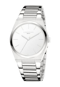 Orologio in acciaio inox argentato con cassa esagonale, quadrante bianco minimalista e indicatori delle ore lineari. Bracciale in metallo a maglie.