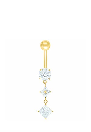 Gold belly button ring with a round clear gemstone, a small cluster of four round gems, and a larger square clear gemstone dangle.