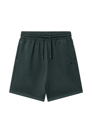 Ciemnozielone szorty sportowe z elastycznym pasem, sznurkiem i zapinanymi na suwak bocznymi kieszeniami, przedstawione na białym tle.