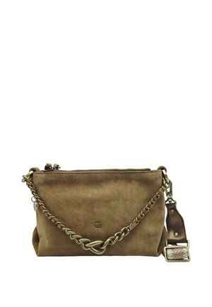 Sac bandoulière en suède brun avec sangle chaîne dorée, fermeture éclair et logo "mila louise Paris" au centre avant.