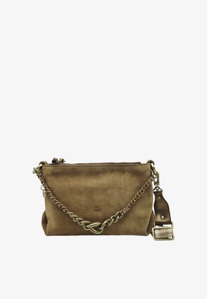 Sac bandoulière en suède brun avec sangle chaîne dorée, fermeture éclair et logo "mila louise Paris" au centre avant.