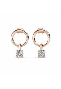 Ohrringe aus roségold mit einem kreisförmigen Hoop-Design und einem einzelnen runden Diamanten, der in einer Krappenfassung hängt, und einem glänzenden Finish.