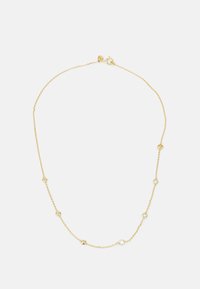 Goldene Kettenhalskette mit kreisförmigen Akzenten und kleinen, klaren Edelsteinen. Zartes Design mit einem Karabinerverschluss.