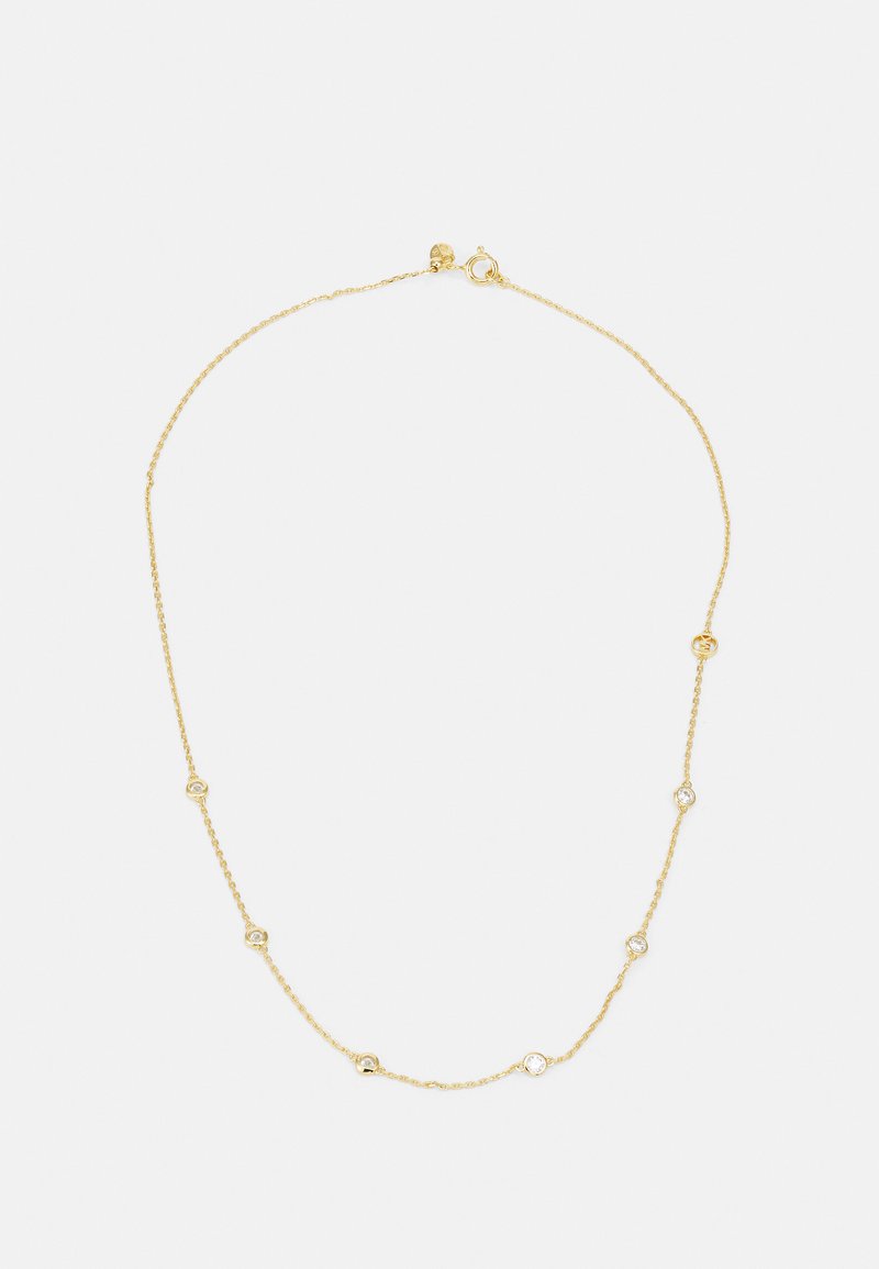 Goldene Kettenhalskette mit kreisförmigen Akzenten und kleinen, klaren Edelsteinen. Zartes Design mit einem Karabinerverschluss.