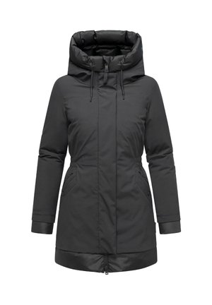 Black padded jacket with a high collar and adjustable hood, featuring zippered pockets and a cinched waist for a tailored fit.