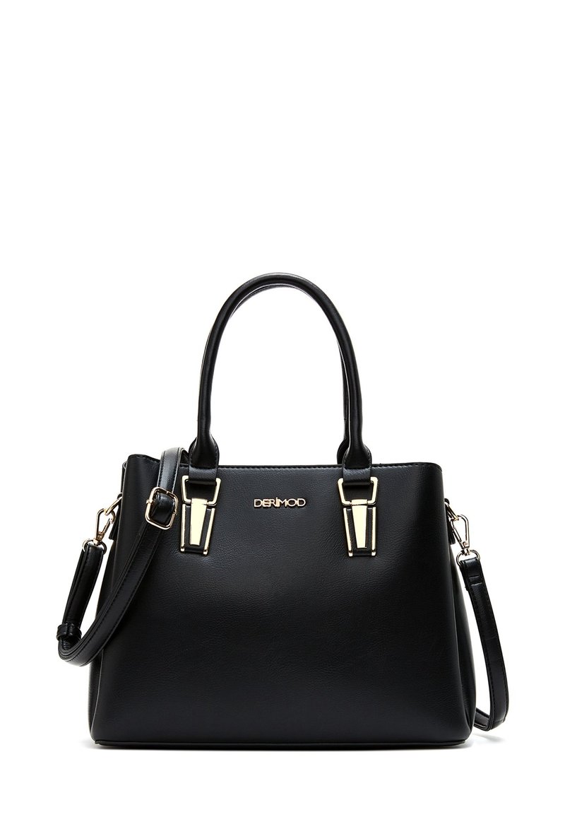 Borsa a tracolla nera in ecopelle con doppi manici e una spallina rimovibile. Presenta accessori in tono oro e un logo sulla parte anteriore.