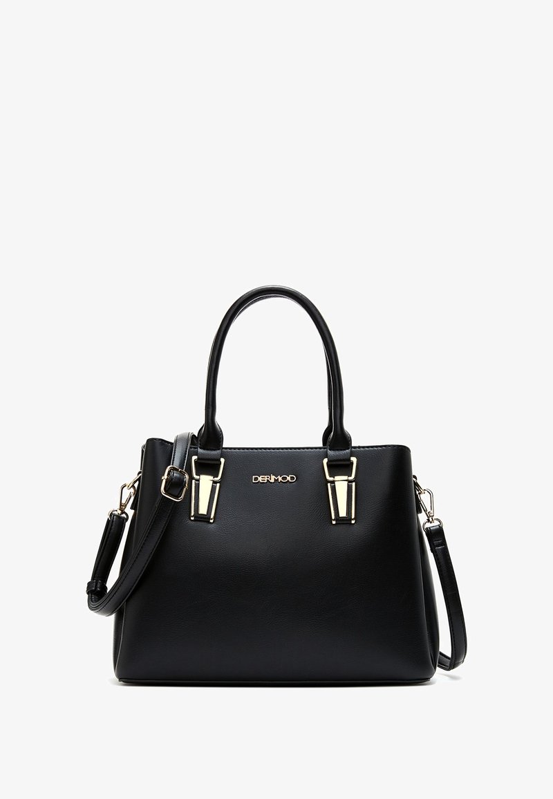 Zwarte faux leren handtas met dubbele handvatten en een afneembare schouderriem. Bevat gouden hardware en een logo aan de voorkant.
