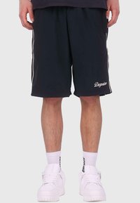 Shorts de sport en bleu marine avec une taille à cordon, des poches latérales et des passepoils blancs. Présente le logo "Dogsize" brodé en blanc.
