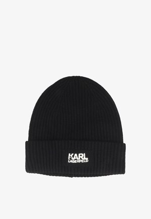 Beanie nero a costine con risvolto, caratterizzato da brand "KARL LAGERFELD" bianco sul fronte. Texture morbida, parte superiore arrotondata.