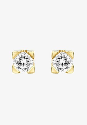 Pendientes de studs de oro y plata con piedras redondas y brillantes, engastadas en monturas de cuatro puntas con bordes suaves. Diseño cuadrado compacto.